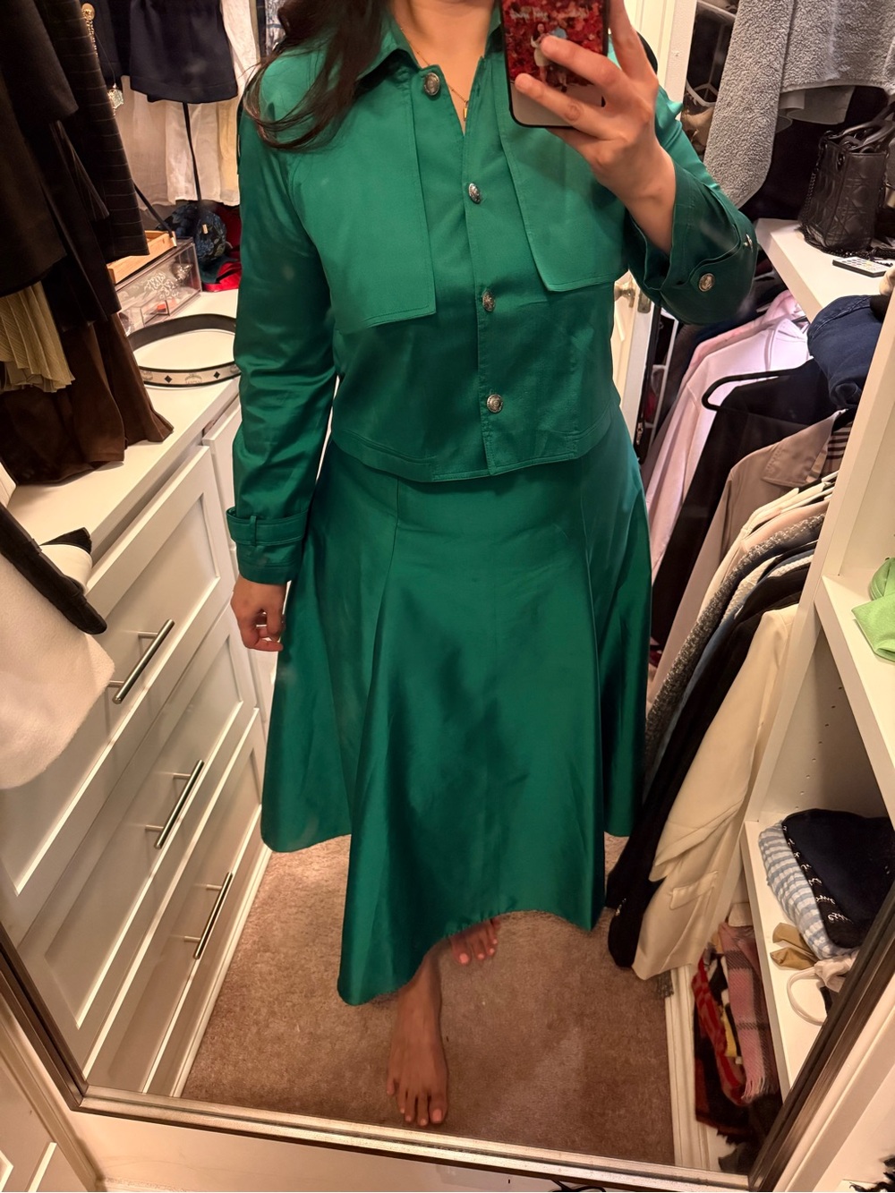 Green Women's Satin Button-Front Skirt Set